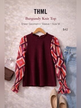 THML Burgundy Knit Top with Sheer Geometric Sleeve Size M